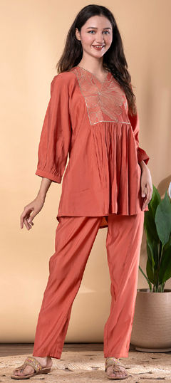 Beige and Brown color Co-ords Set in Mul Chanderi fabric with Embroidered, Thread, Zari work