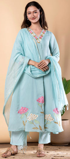 Blue color Salwar Kameez in Mul Chanderi fabric with Embroidered, Resham, Thread work