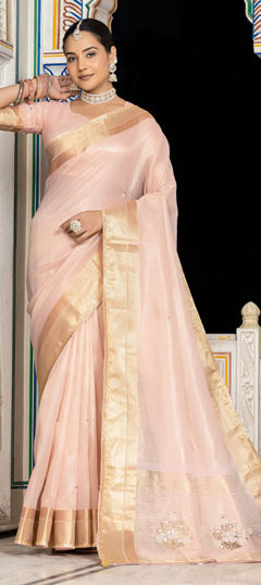 Pink and Majenta color Saree in Tissue fabric with Bugle Beads, Weaving work