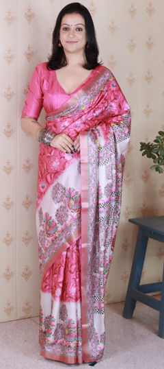 Pink and Majenta color Saree in Tussar Silk fabric with Digital Print, Weaving work