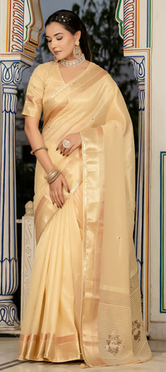 Gold color Saree in Tissue fabric with Bugle Beads, Weaving work