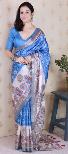 Blue color Saree in Tussar Silk fabric with Digital Print, Weaving work