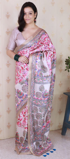 Black and Grey color Saree in Tussar Silk fabric with Digital Print, Weaving work