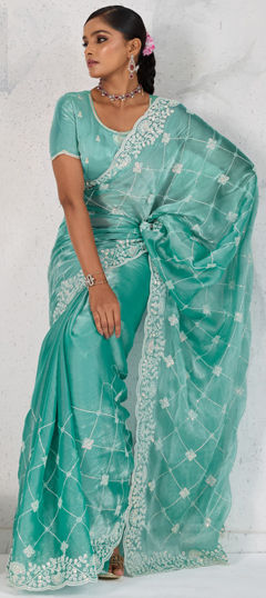 Blue color Saree in Tissue fabric with Embroidered, Sequence, Thread work