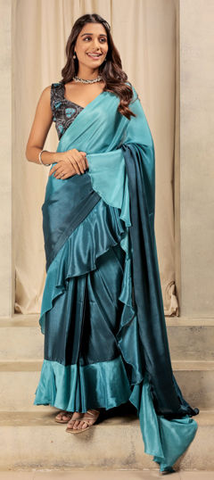 Blue color Readymade Saree in Satin Silk fabric with Printed work