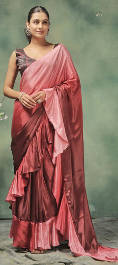 Pink and Majenta color Readymade Saree in Satin Silk fabric with Printed work