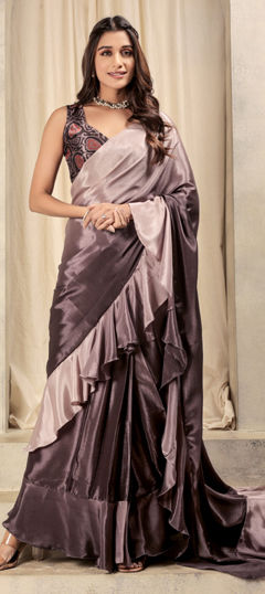 Purple and Violet color Readymade Saree in Satin Silk fabric with Printed work