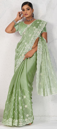 Green color Saree in Tissue fabric with Embroidered, Sequence, Thread work