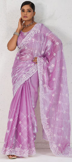 Purple and Violet color Saree in Tissue fabric with Embroidered, Sequence, Thread work