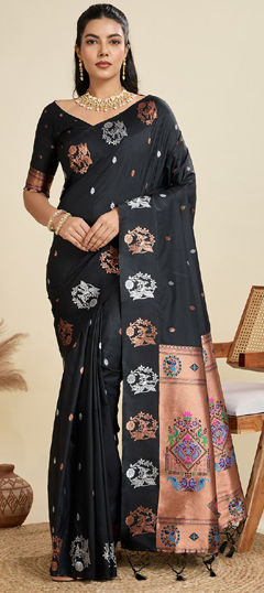 Black and Grey color Saree in Kanjeevaram Silk fabric with Weaving work