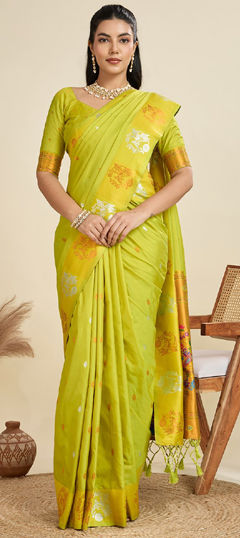 Green color Saree in Kanjeevaram Silk fabric with Weaving work