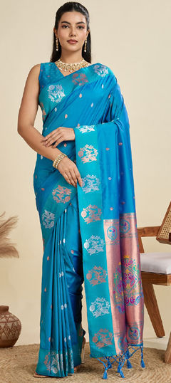 Blue color Saree in Kanjeevaram Silk fabric with Weaving work