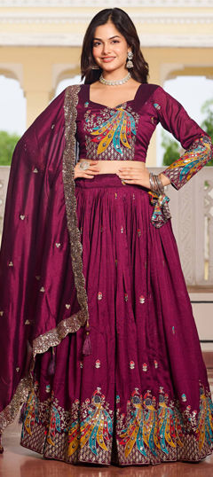 Red and Maroon color Ready to Wear Lehenga in Silk fabric with Embroidered, Resham, Thread, Zari work