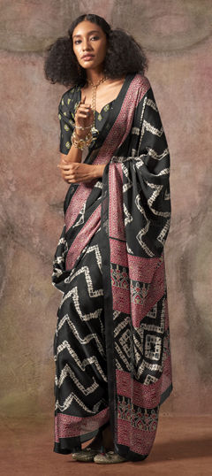 Black and Grey color Saree in Georgette fabric with Printed work