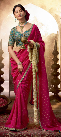 Pink and Majenta color Saree in Viscose fabric with Lace work