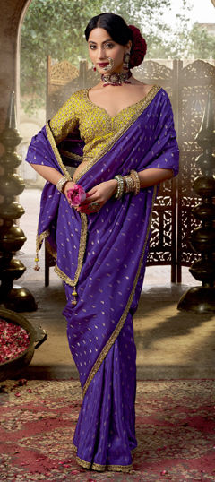 Purple and Violet color Saree in Viscose fabric with Lace work