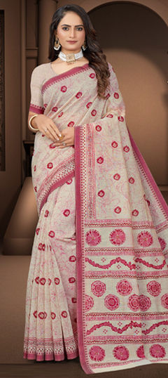 Beige and Brown color Saree in Cotton fabric with Printed work