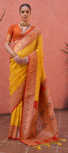 Yellow color Saree in Banarasi Silk fabric with Weaving work