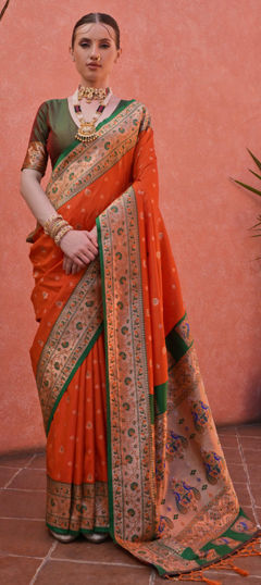 Orange color Saree in Banarasi Silk fabric with Weaving work