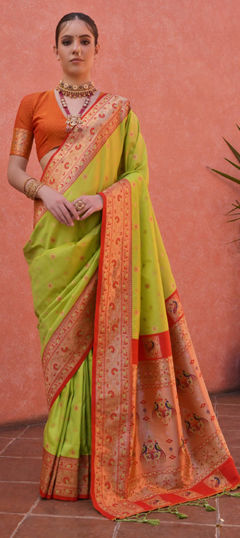 Green color Saree in Banarasi Silk fabric with Weaving work
