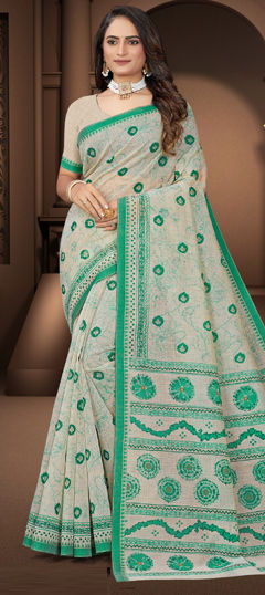 Beige and Brown color Saree in Cotton fabric with Printed work