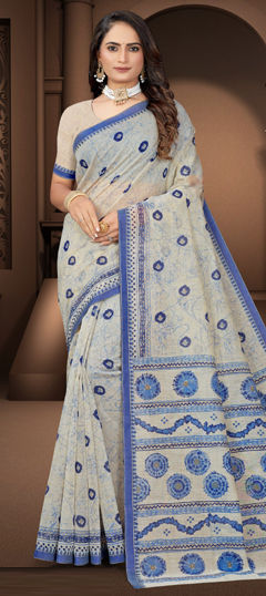 Beige and Brown color Saree in Cotton fabric with Printed work