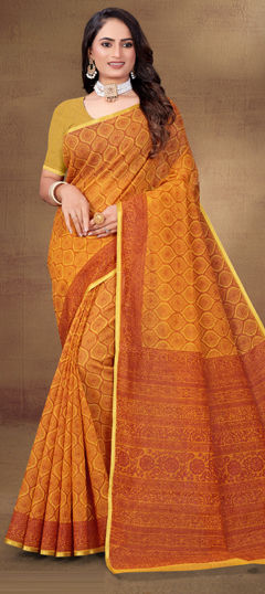 Yellow color Saree in Cotton fabric with Printed work