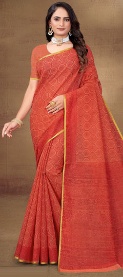 Orange color Saree in Cotton fabric with Printed work