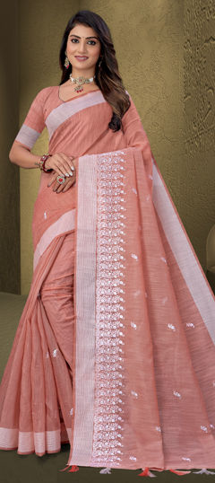 Pink and Majenta color Saree in Cotton fabric with Embroidered, Resham work