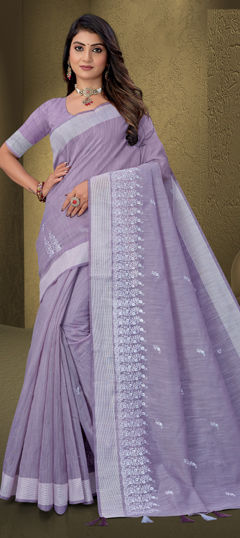 Black and Grey color Saree in Cotton fabric with Embroidered, Resham work