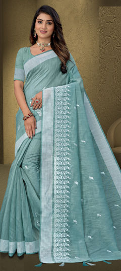 Blue color Saree in Cotton fabric with Embroidered, Resham work