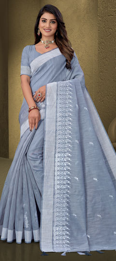 Black and Grey color Saree in Cotton fabric with Embroidered, Resham work