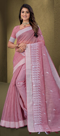 Red and Maroon color Saree in Cotton fabric with Embroidered, Resham work