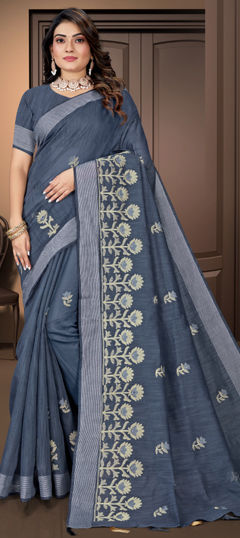 Black and Grey color Saree in Cotton fabric with Embroidered, Resham work