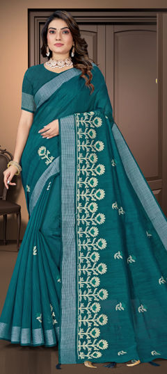 Blue color Saree in Cotton fabric with Embroidered, Resham work