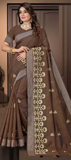 Beige and Brown color Saree in Cotton fabric with Embroidered, Resham work