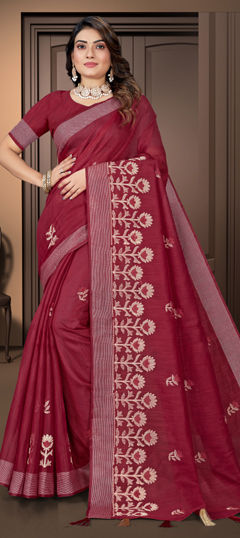 Red and Maroon color Saree in Cotton fabric with Embroidered, Resham work