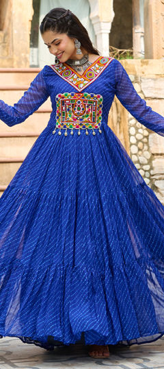 Blue color Gown in Faux Georgette fabric with Embroidered, Lehariya, Mirror, Printed work