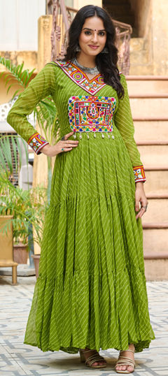 Green color Gown in Faux Georgette fabric with Embroidered, Lehariya, Mirror, Printed work