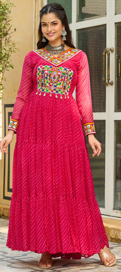 Pink and Majenta color Gown in Faux Georgette fabric with Embroidered, Lehariya, Mirror, Printed work