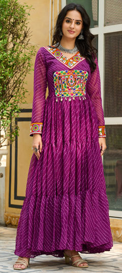 Purple and Violet color Gown in Faux Georgette fabric with Embroidered, Lehariya, Mirror, Printed work