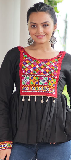 Black and Grey color Tops and Shirts in Roman Silk fabric with Embroidered, Mirror work