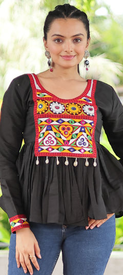 Black and Grey color Tops and Shirts in Roman Silk fabric with Embroidered, Mirror work
