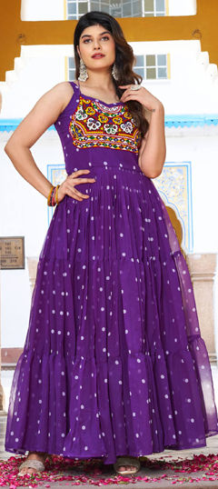 Purple and Violet color Gown in Georgette fabric with Embroidered, Mirror, Printed work