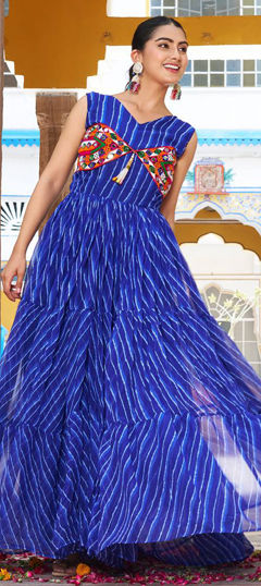 Blue color Gown in Georgette fabric with Embroidered, Lehariya, Mirror, Printed work