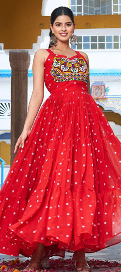 Red and Maroon color Gown in Georgette fabric with Embroidered, Mirror, Printed work