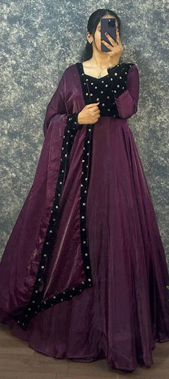 Pink and Majenta color Gown in Crushed Silk, Velvet fabric with Sequence work