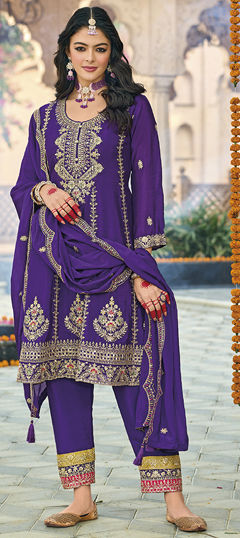 Purple and Violet color Salwar Kameez in Chinon Silk fabric with Embroidered, Sequence, Thread work
