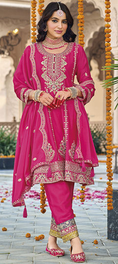 Pink and Majenta color Salwar Kameez in Chinon Silk fabric with Embroidered, Sequence, Thread work