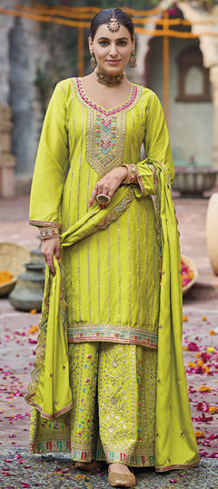Green color Salwar Kameez in Chinon Silk fabric with Embroidered, Sequence, Zari work
